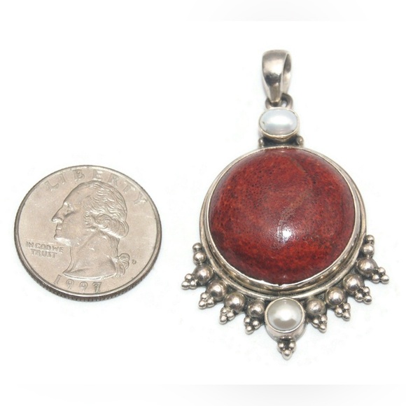 Vintage Red Jasper & Pearl Sterling Silver Pendant - Picture 4 of 4